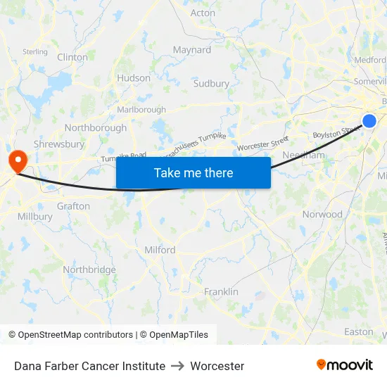 Dana Farber Cancer Institute to Worcester map