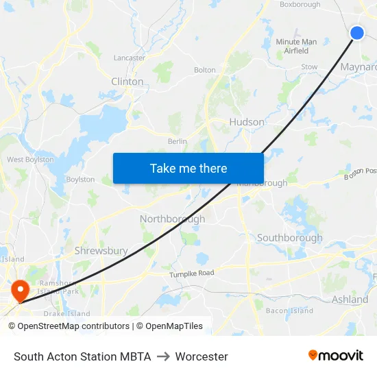 South Acton Station MBTA to Worcester map