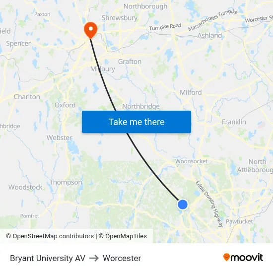 Bryant University AV to Worcester map