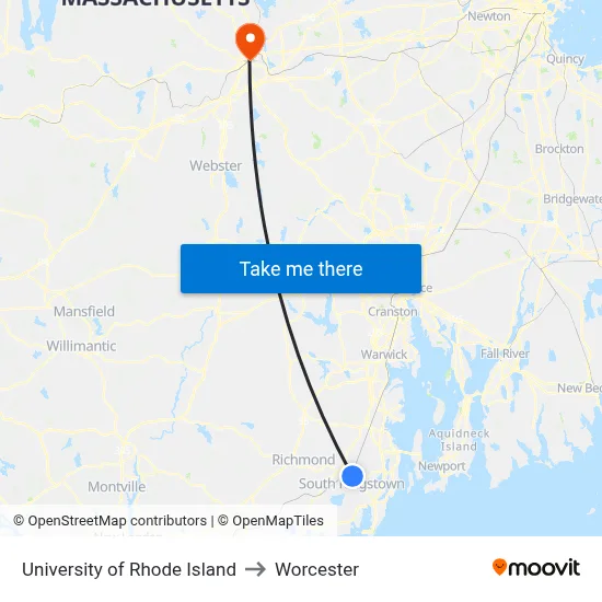 University of Rhode Island to Worcester map