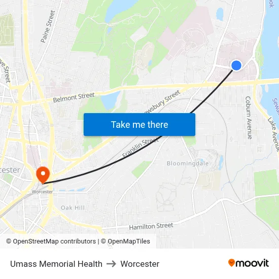 Umass Memorial Health to Worcester map
