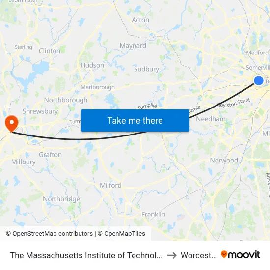 The Massachusetts Institute of Technology to Worcester map