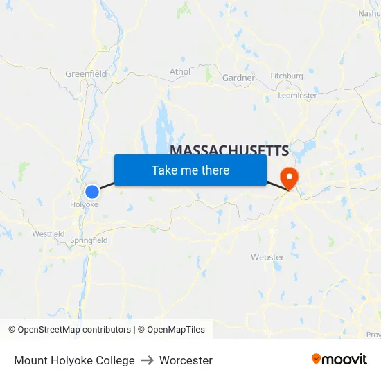 Mount Holyoke College to Worcester map