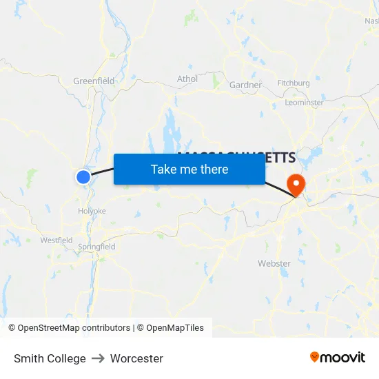 Smith College to Worcester map