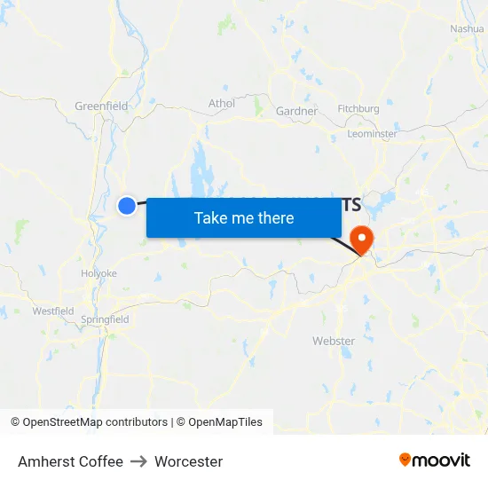 Amherst Coffee to Worcester map