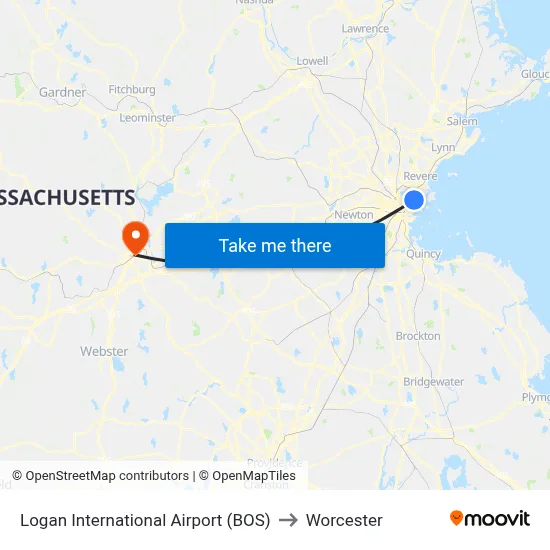 Logan International Airport (BOS) to Worcester map