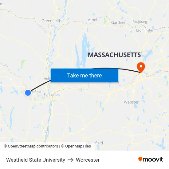 Westfield State University to Worcester map