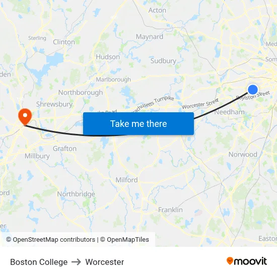Boston College to Worcester map