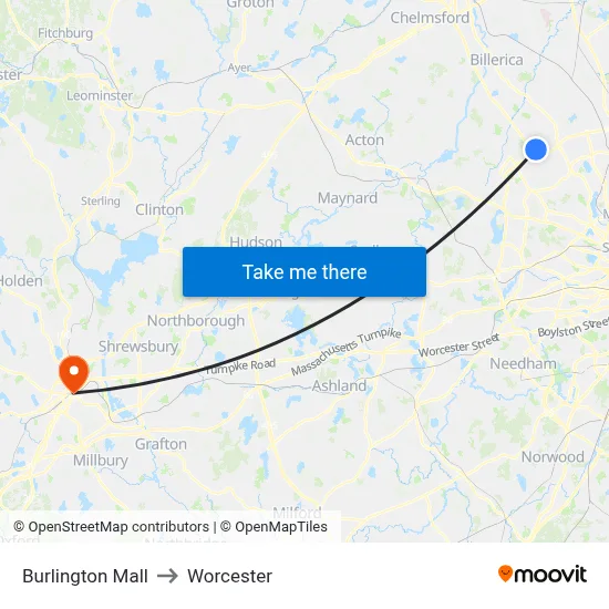 Burlington Mall to Worcester map