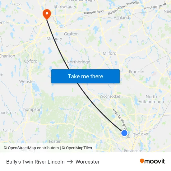 Bally's Twin River Lincoln to Worcester map