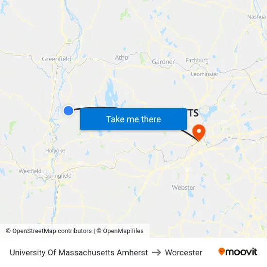 University Of Massachusetts Amherst to Worcester map