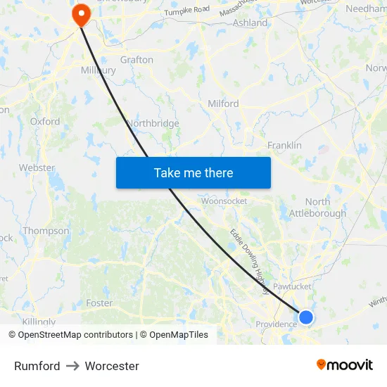 Rumford to Worcester map