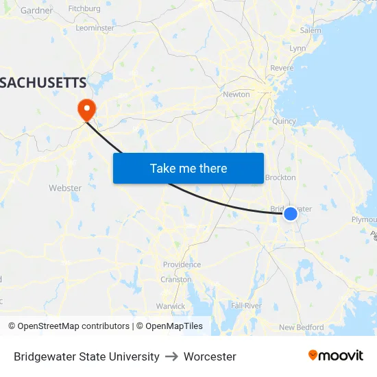 Bridgewater State University to Worcester map