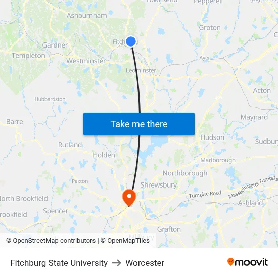 Fitchburg State University to Worcester map
