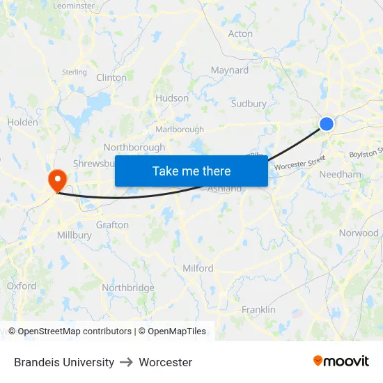 Brandeis University to Worcester map