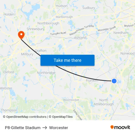 P8-Gillette Stadium to Worcester map