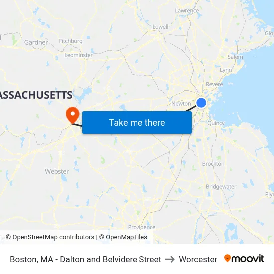Boston, MA - Dalton and Belvidere Street to Worcester map