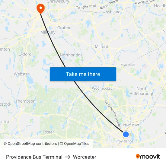 Providence Bus Terminal to Worcester map
