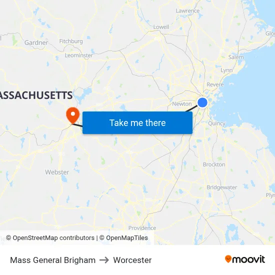 Mass General Brigham to Worcester map