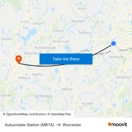 Auburndale Station (MBTA) to Worcester map