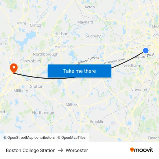 Boston College Station to Worcester map