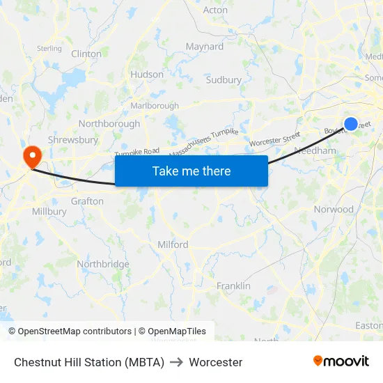 Chestnut Hill Station (MBTA) to Worcester map