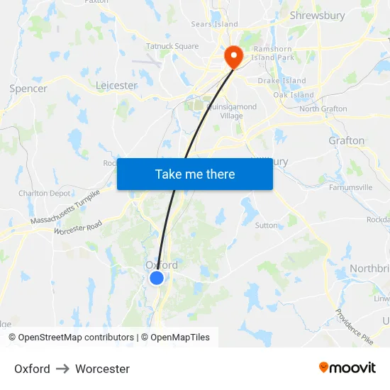 Oxford to Worcester map