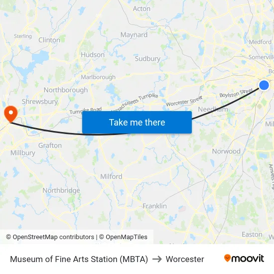 Museum of Fine Arts Station (MBTA) to Worcester map