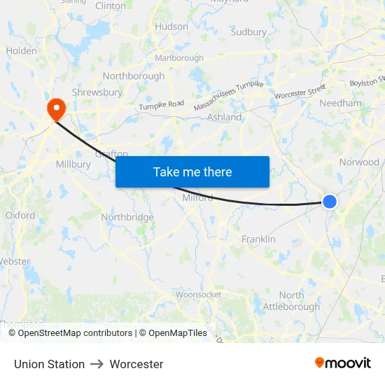 Union Station to Worcester map