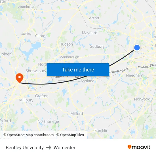 Bentley University to Worcester map