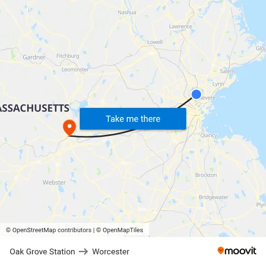 Oak Grove Station to Worcester map