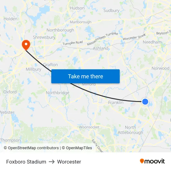 Foxboro Stadium to Worcester map