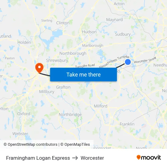 Framingham Logan Express to Worcester map