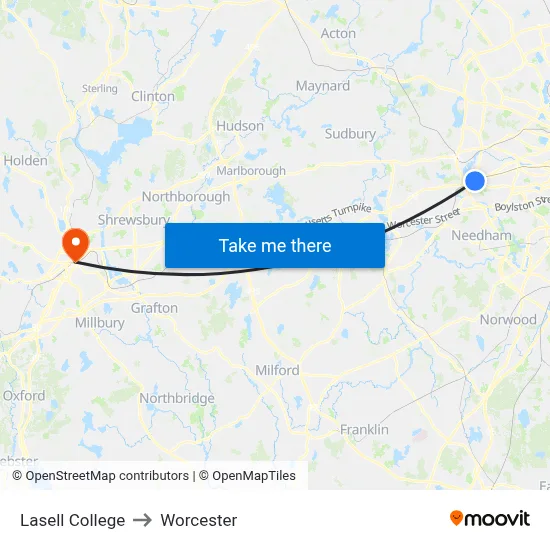 Lasell College to Worcester map