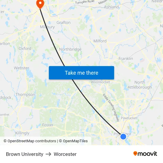 Brown University to Worcester map