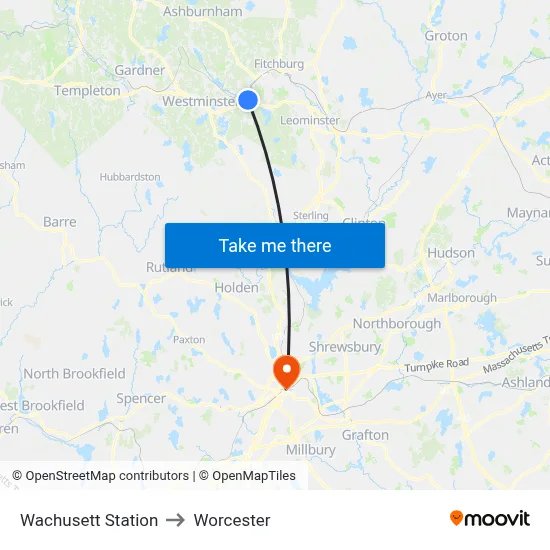 Wachusett Station to Worcester map