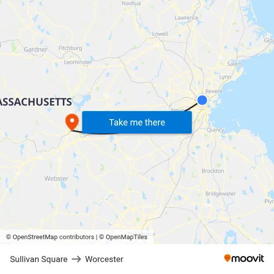 Sullivan Square to Worcester map