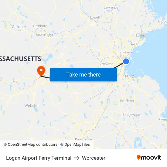 Logan Airport Ferry Terminal to Worcester map