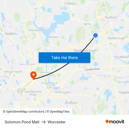 Solomon Pond Mall to Worcester map