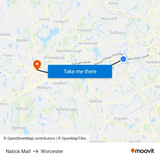 Natick Mall to Worcester map