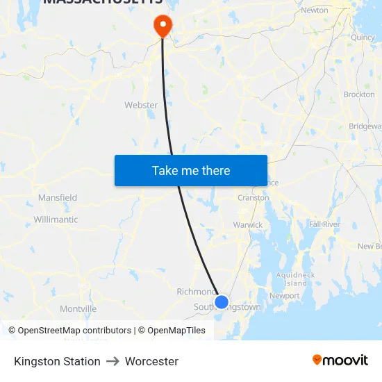 Kingston Station to Worcester map