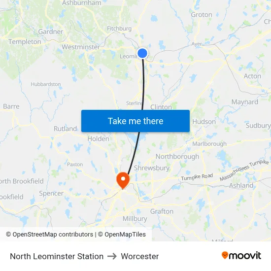 North Leominster Station to Worcester map