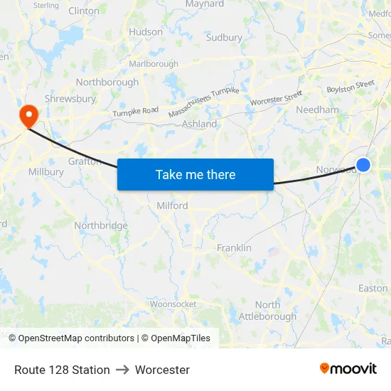 Route 128 Station to Worcester map