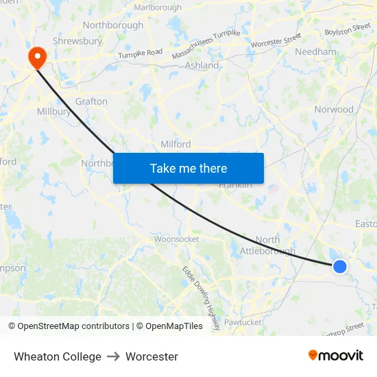 Wheaton College to Worcester map