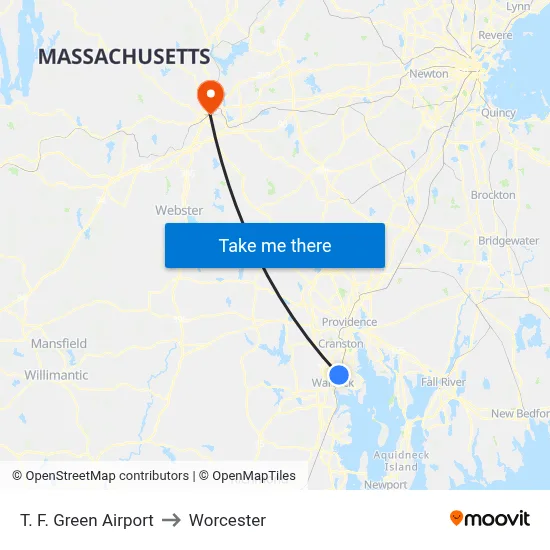 T. F. Green Airport to Worcester map