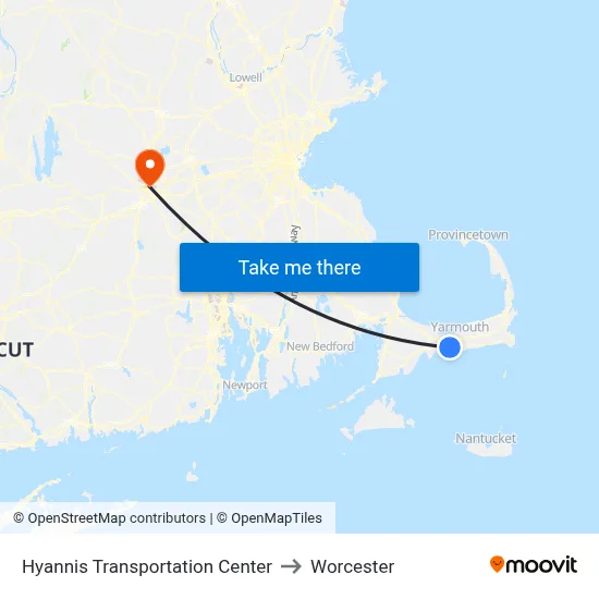 Hyannis Transportation Center to Worcester map