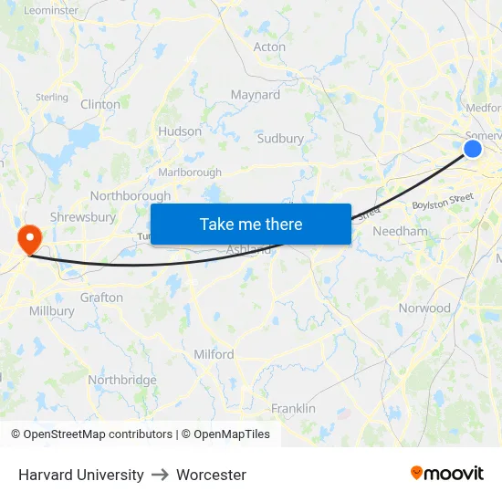 Harvard University to Worcester map