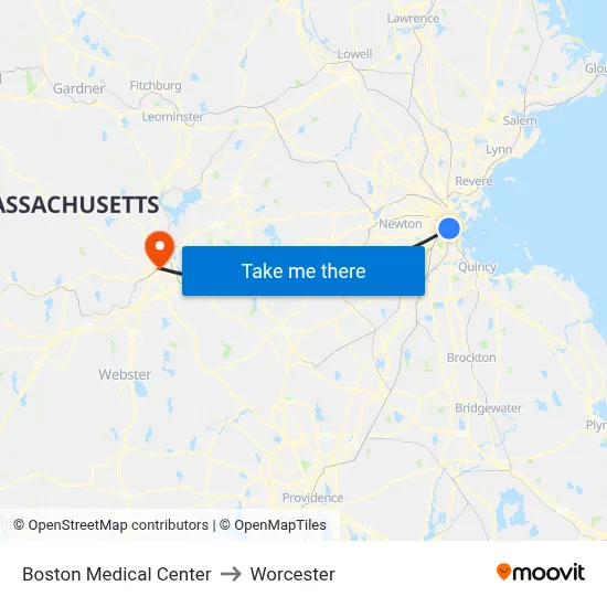 Boston Medical Center to Worcester map