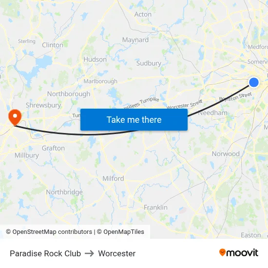 Paradise Rock Club to Worcester map