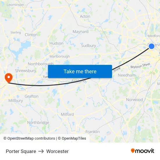 Porter Square to Worcester map